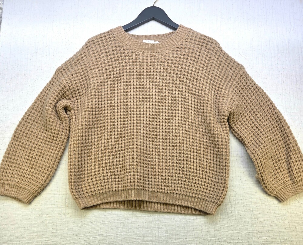 Beige Waffle Knit Sweater Crew Neck Ribbed Cuffs and Hem